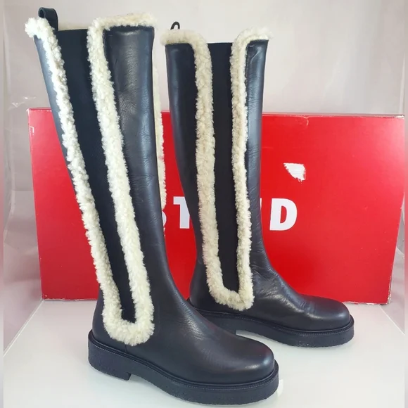NWT$495 STAUD Women's Palamino Shearling Trim Black Cream Riding Boots Sz 36, 6 - Picture 6 of 16